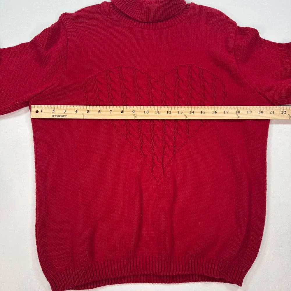 Coldwater Creek Red Heart Cable Knit Turtleneck Sweater Womens Medium Cotton USA